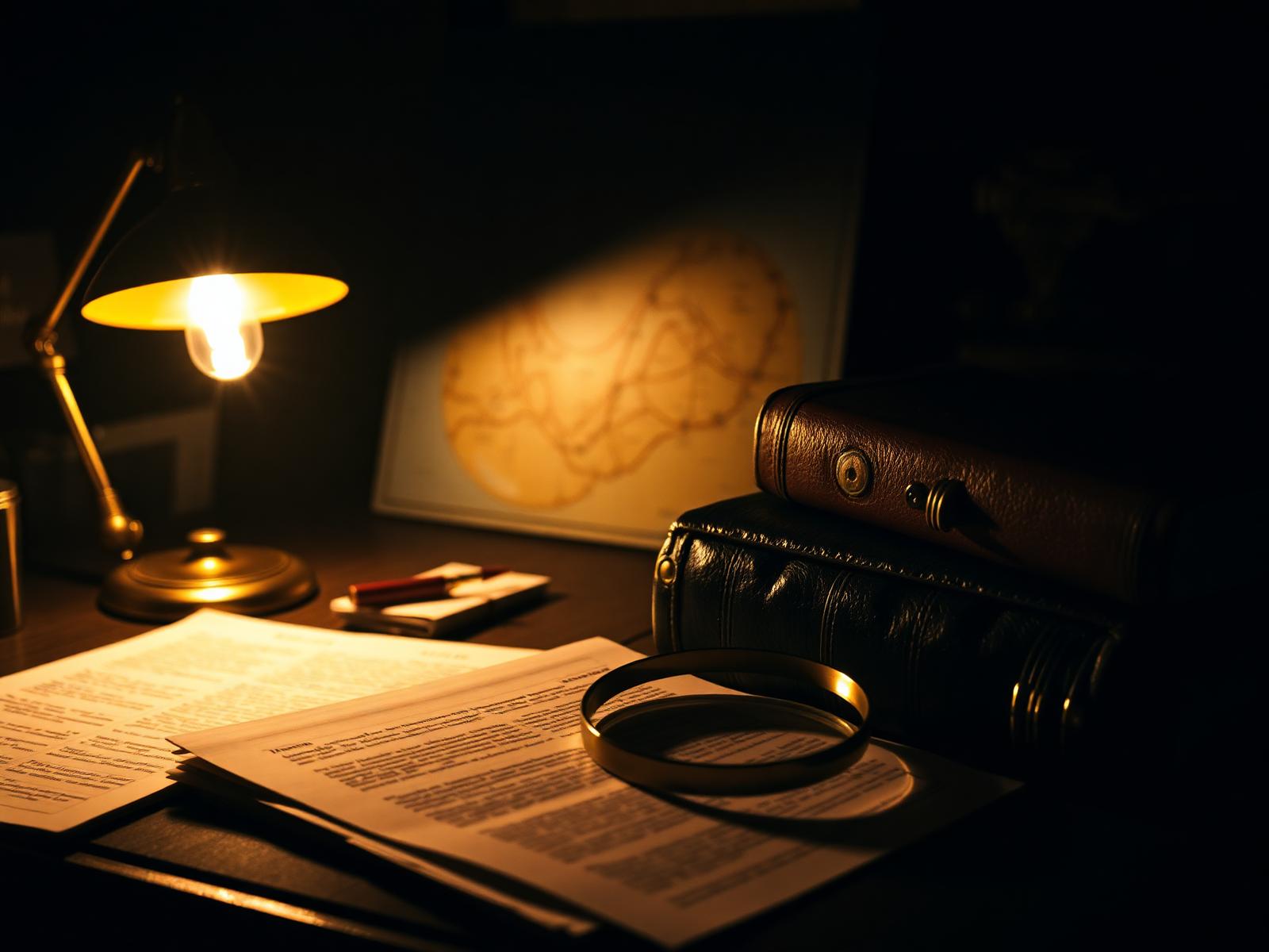 Investigator's desk with case files, magnifying glass, and world map